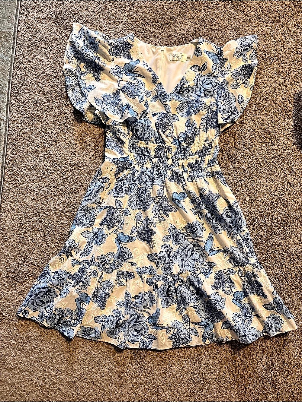 Eliza J Blue White Floral Butterfly Eyelet Ruffle Dress Size 2